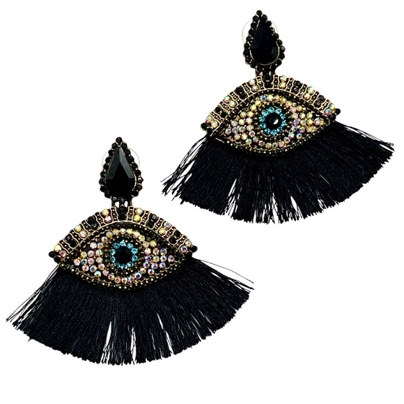 La Mambera Jewelry - BOHO EVIL EYE CRYSTAL DROP EARRINGS WITH EYELASH TASSEL FRINGE FOR PIERCED EARS